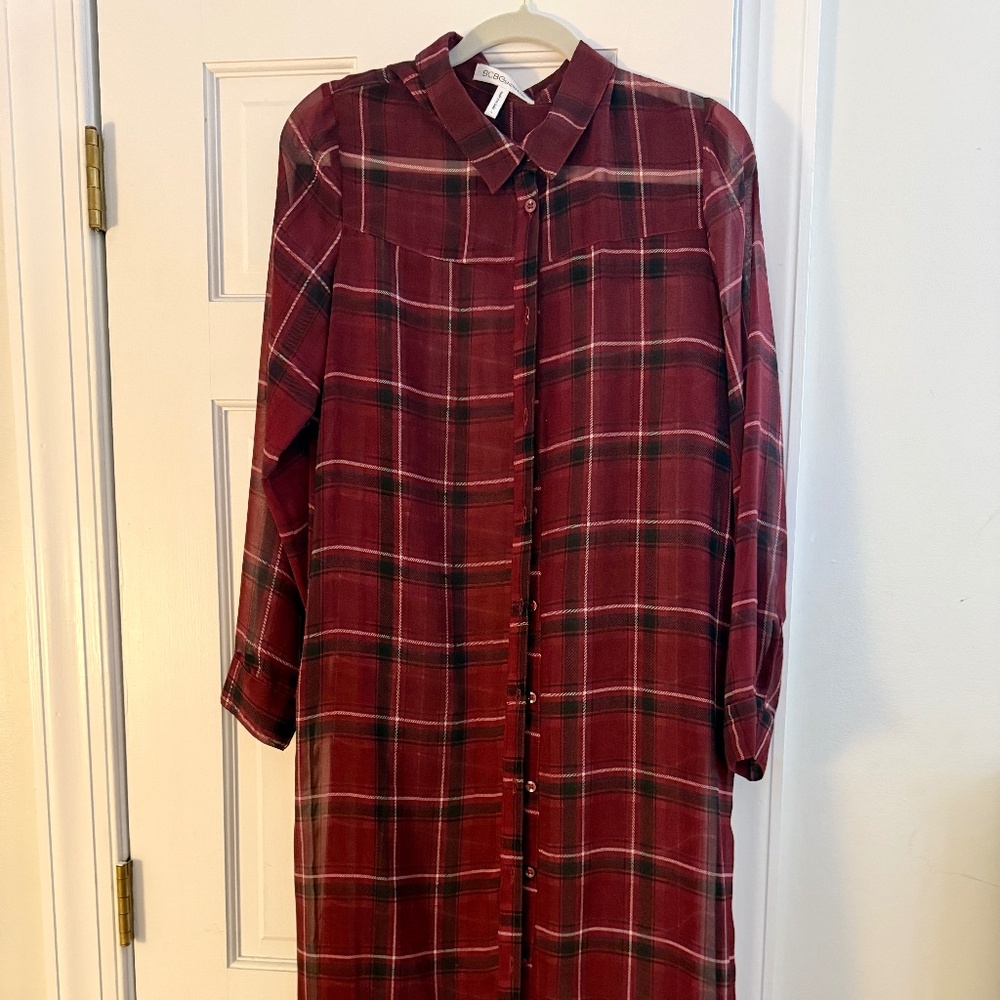 BCBG Duster • SZ L • Red Plaid & Sheer